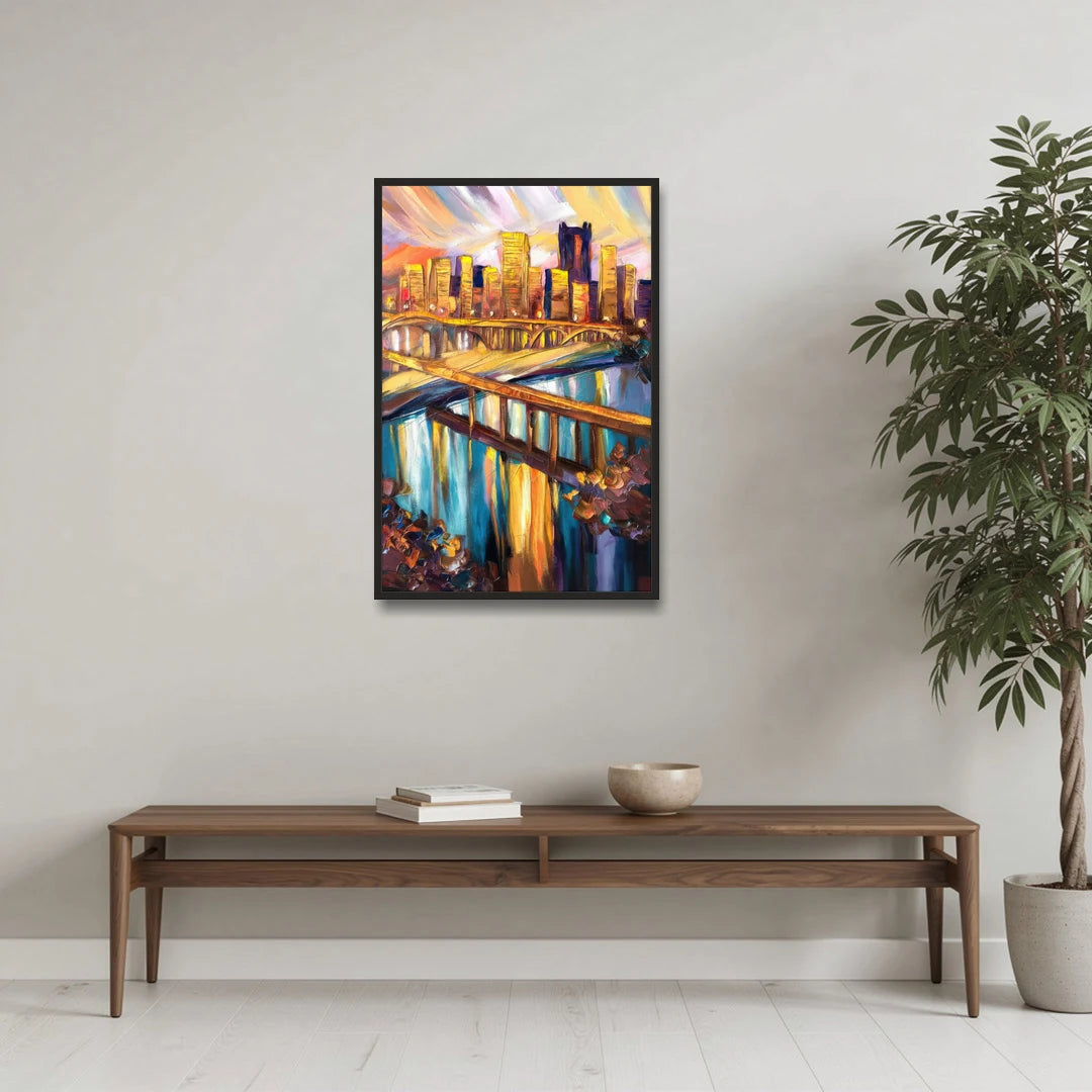 Pittsburgh Downtown Cityscape - Black Framed Canvas Wall Art - Coffee Table - 24x36