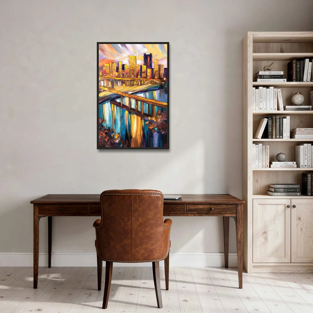 Pittsburgh Downtown Cityscape - Black Framed Canvas Wall Art - Office - 24x36