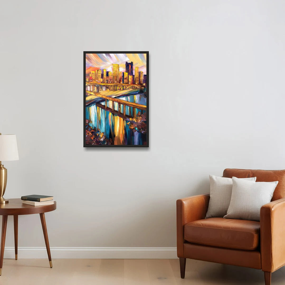 Pittsburgh Downtown Cityscape - Black Framed Canvas Wall Art - Sofa - 20x30