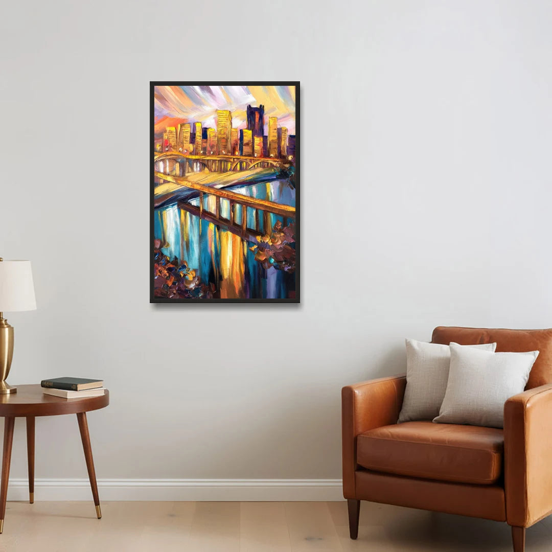 Pittsburgh Downtown Cityscape - Black Framed Canvas Wall Art - Sofa - 24x36