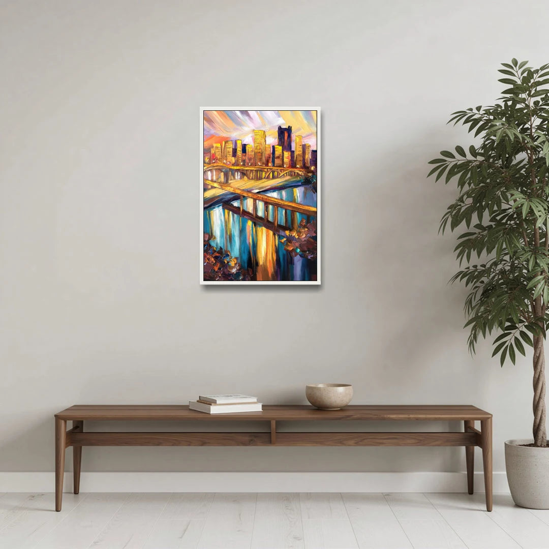 Pittsburgh Downtown Cityscape - White Framed Canvas Wall Art - Coffee Table - 20x30