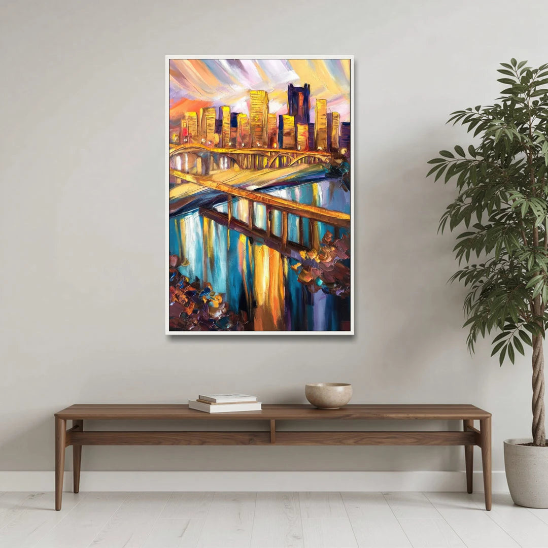 Pittsburgh Downtown Cityscape - White Framed Canvas Wall Art - Coffee Table - 32x48