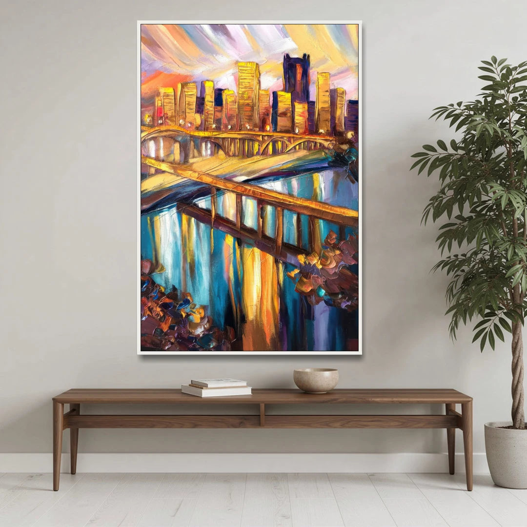 Pittsburgh Downtown Cityscape - White Framed Canvas Wall Art - Coffee Table - 40x60