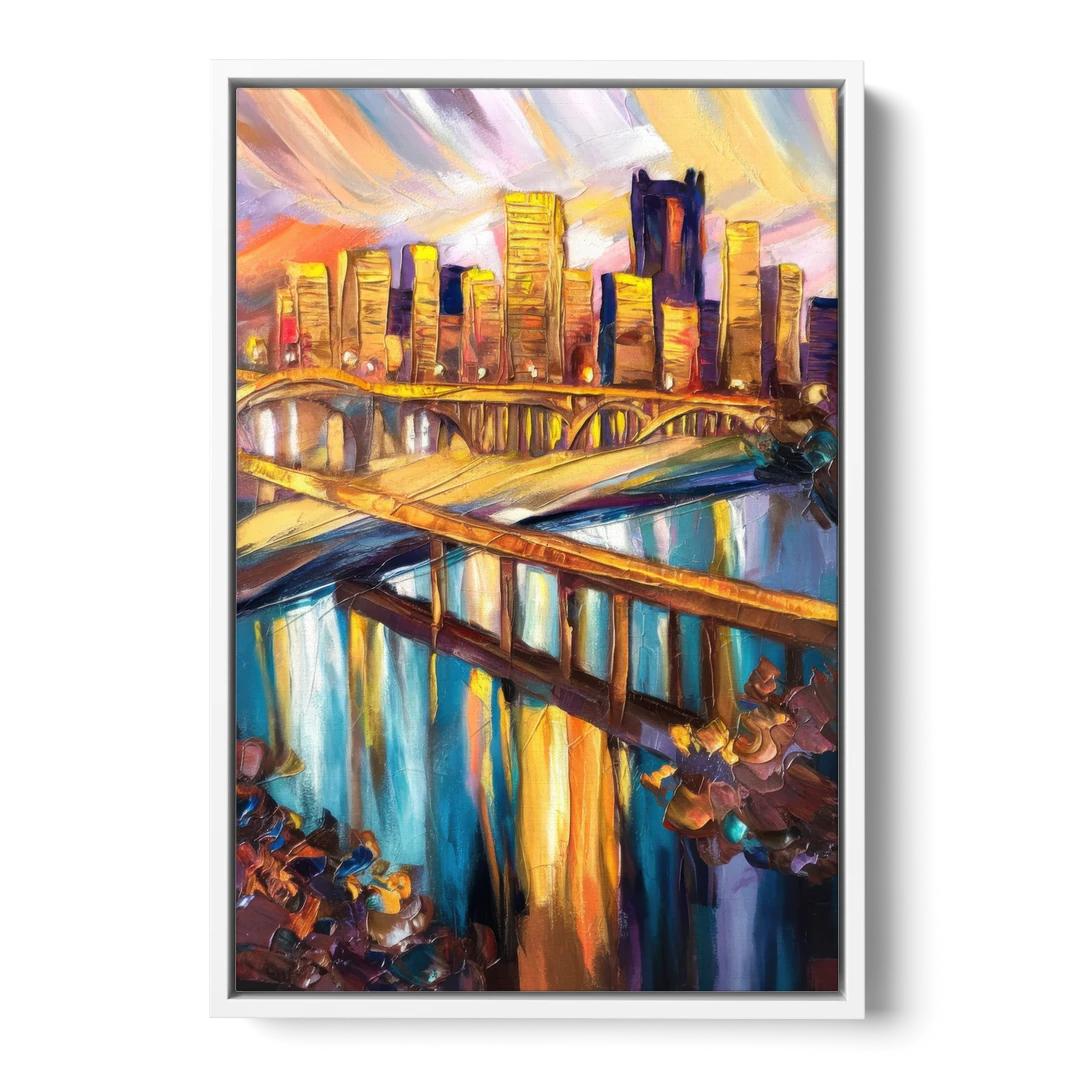 Pittsburgh Downtown Cityscape - White Framed Canvas Wall Art - Front