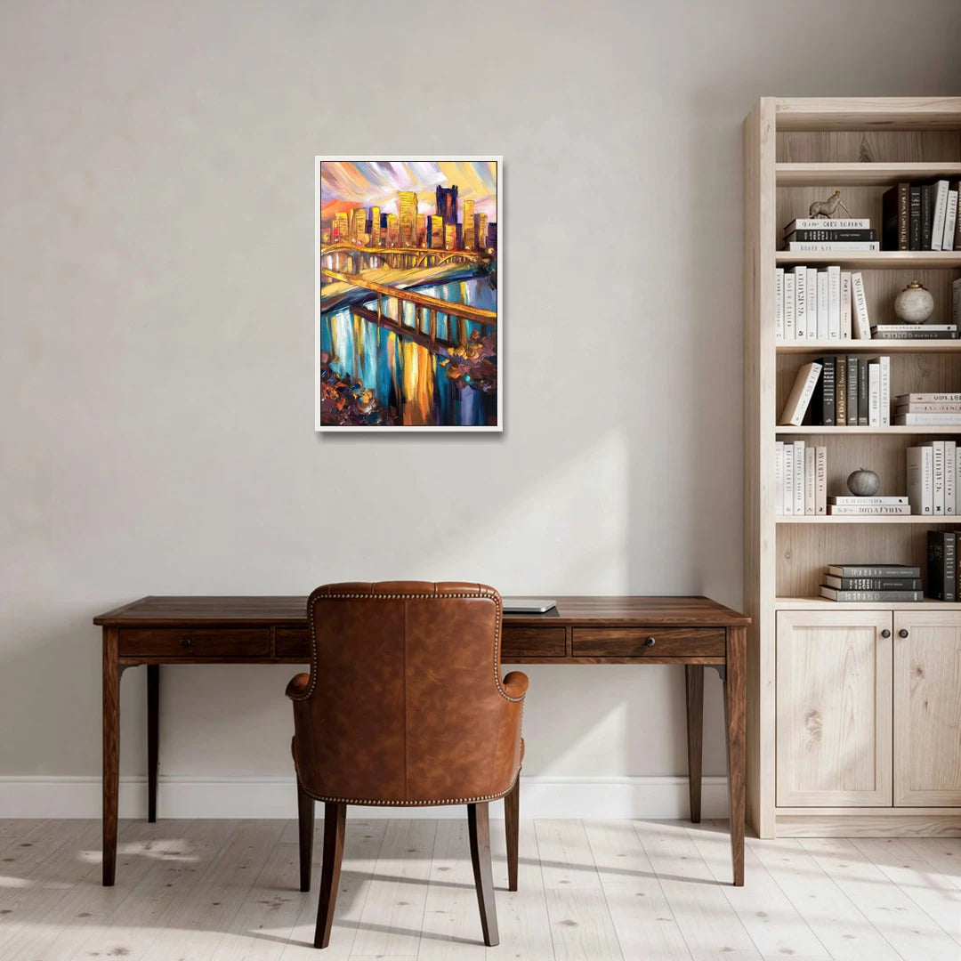 Pittsburgh Downtown Cityscape - White Framed Canvas Wall Art - Office - 20x30