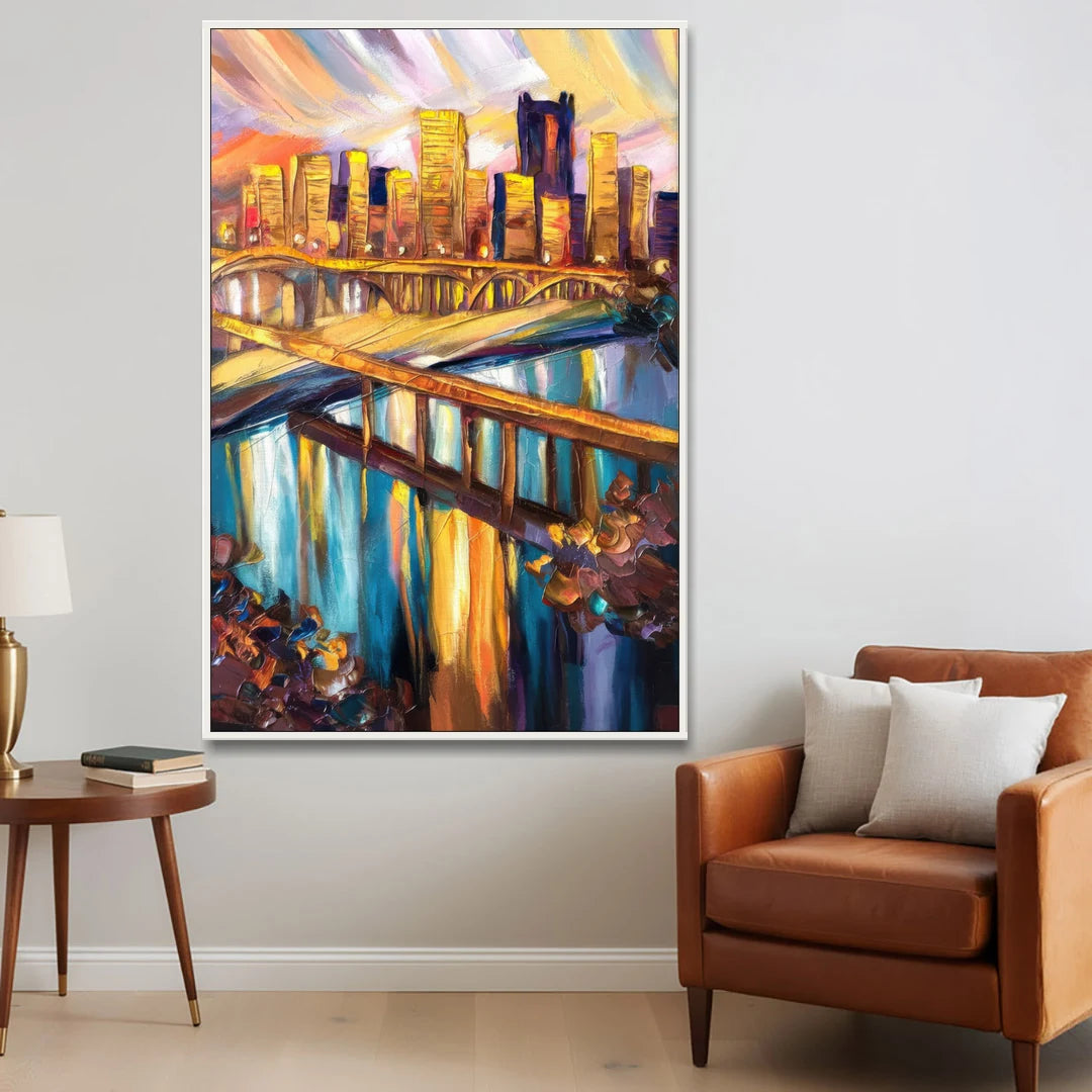 Pittsburgh Downtown Cityscape - White Framed Canvas Wall Art - Sofa - 40x60
