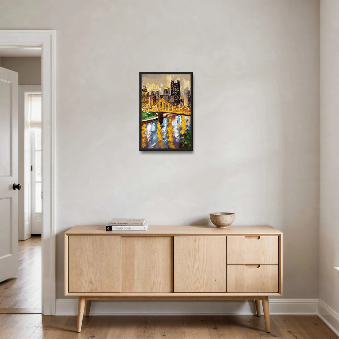 Pittsburgh Downtown Lights - Black Framed Canvas Wall Art - Coffee Table - 16x24