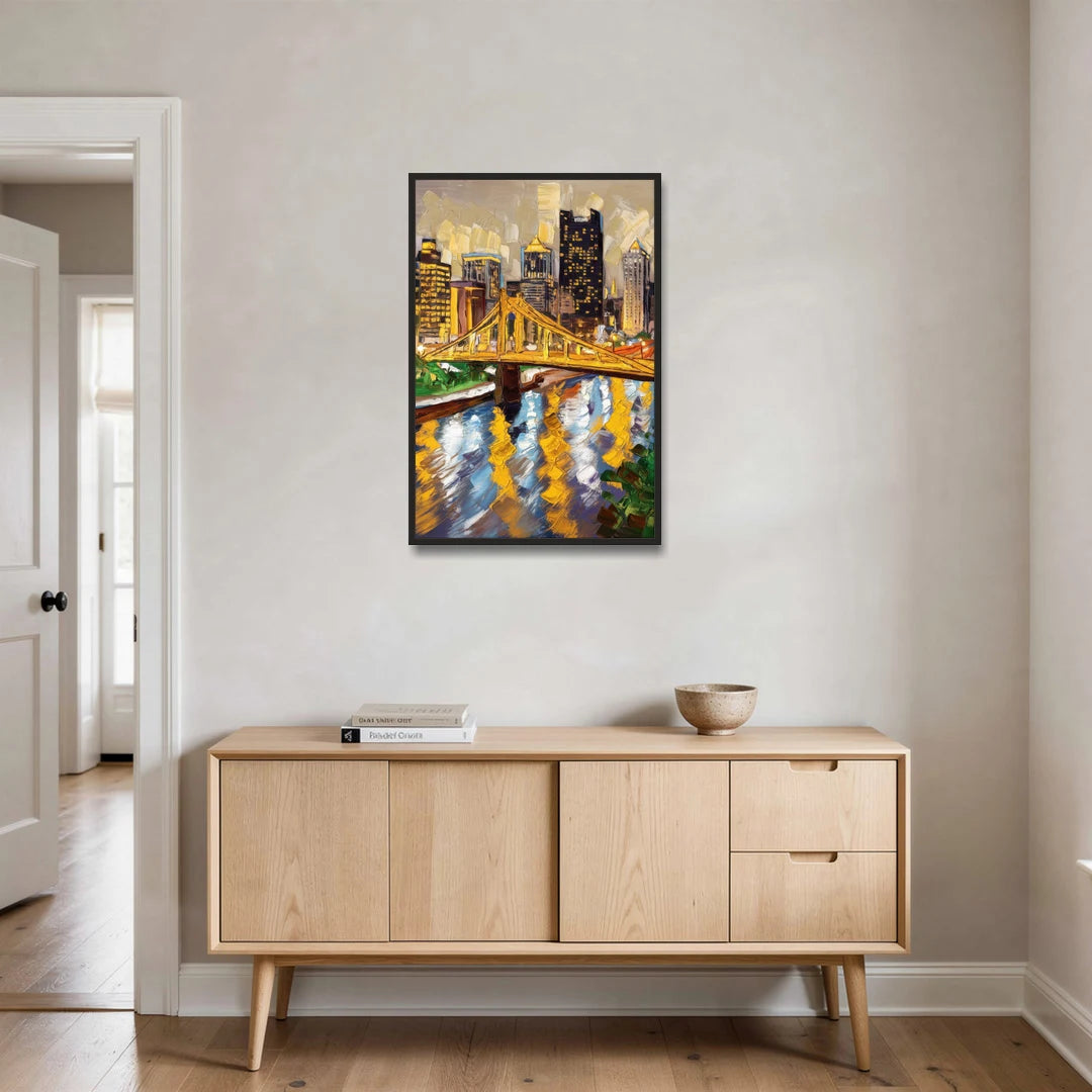 Pittsburgh Downtown Lights - Black Framed Canvas Wall Art - Coffee Table - 24x36