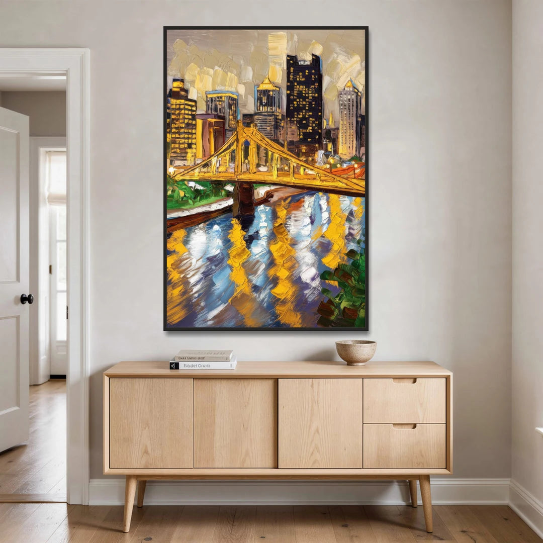 Pittsburgh Downtown Lights - Black Framed Canvas Wall Art - Coffee Table - 40x60