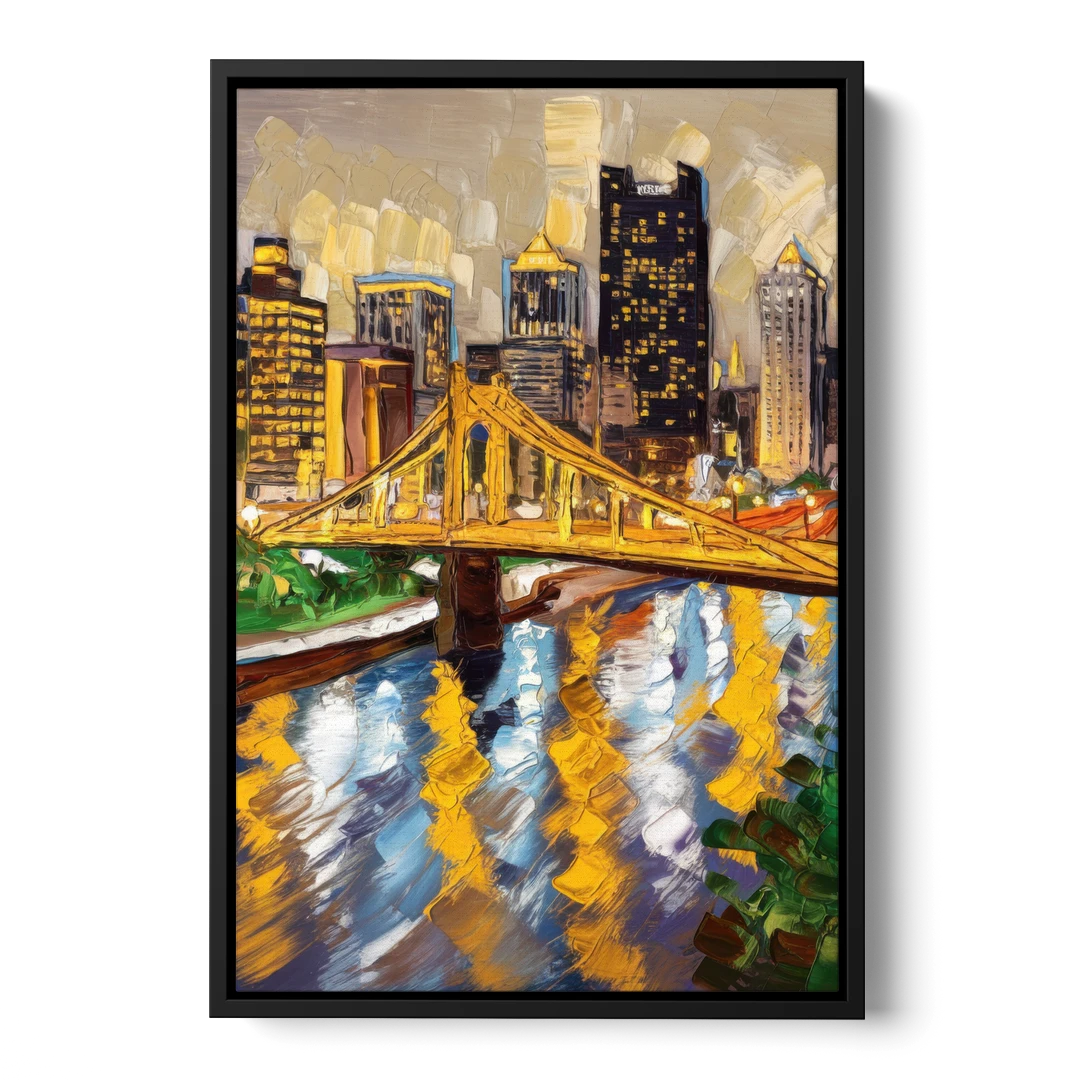 Pittsburgh Downtown Lights - Black Framed Canvas Wall Art - Front