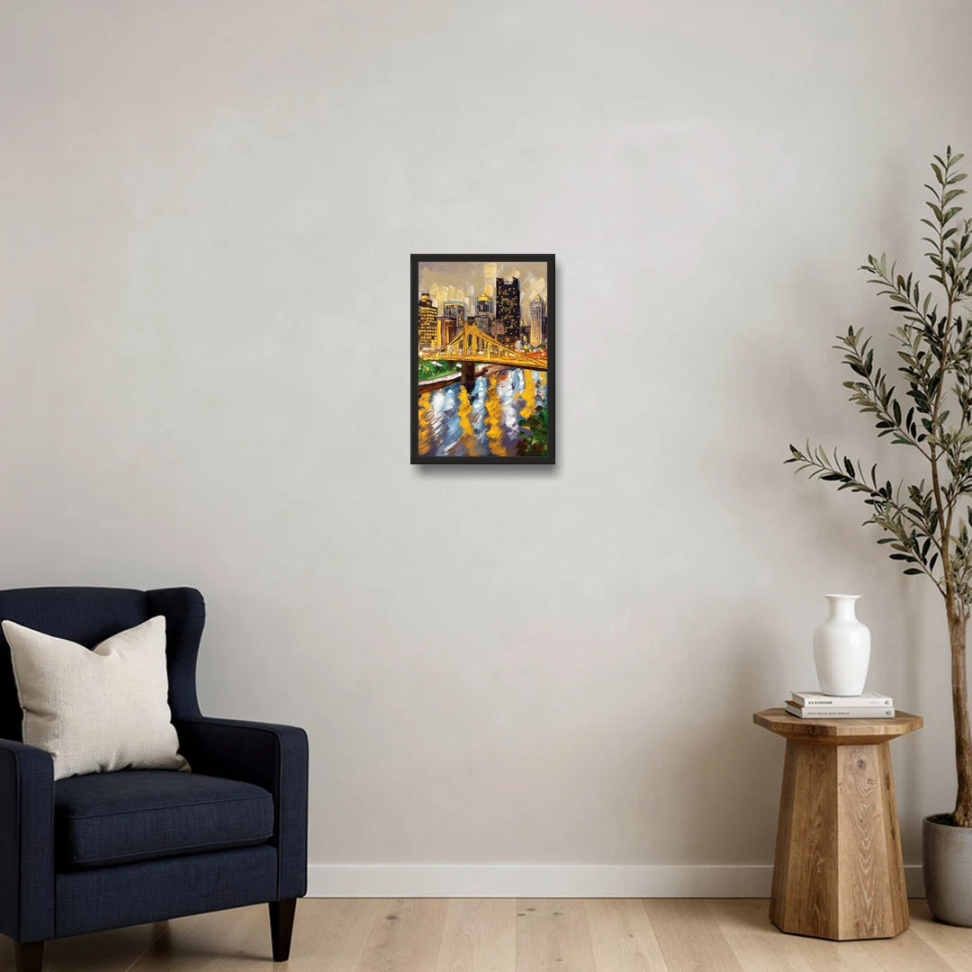 Pittsburgh Downtown Lights - Black Framed Canvas Wall Art - Sofa - 12x18