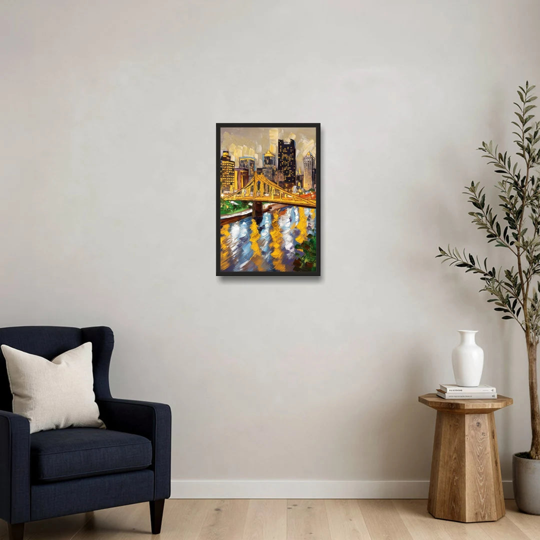 Pittsburgh Downtown Lights - Black Framed Canvas Wall Art - Sofa - 16x24
