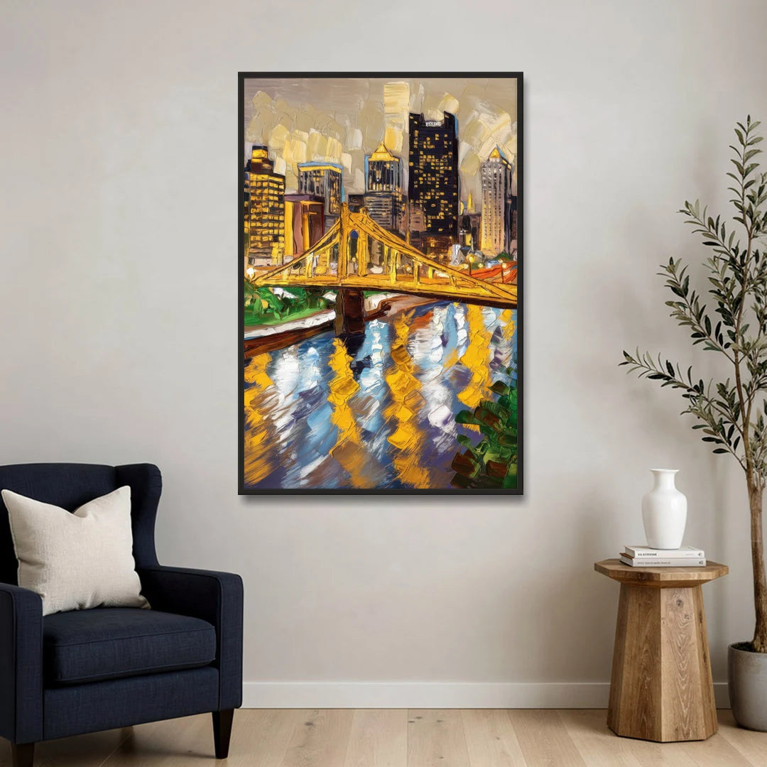 Pittsburgh Downtown Lights - Black Framed Canvas Wall Art - Sofa - 32x48