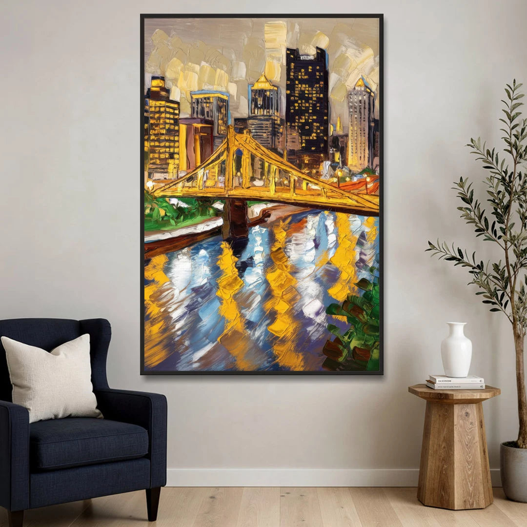 Pittsburgh Downtown Lights - Black Framed Canvas Wall Art - Sofa - 40x60