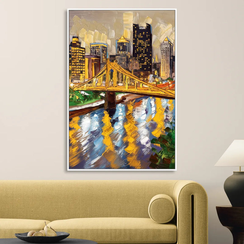 Pittsburgh Downtown Lights Living Room - White Canvas Wall Art