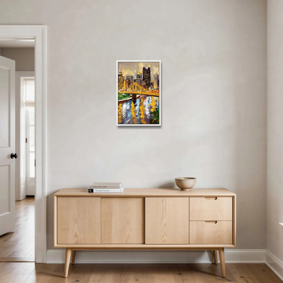 Pittsburgh Downtown Lights - White Framed Canvas Wall Art - Coffee Table - 16x24