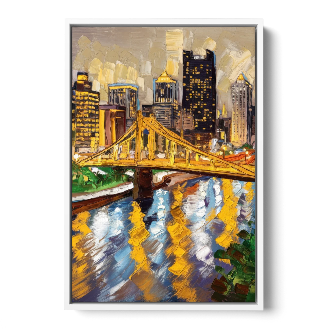 Pittsburgh Downtown Lights - White Framed Canvas Wall Art - Front
