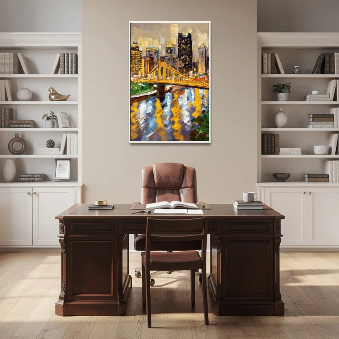 Pittsburgh Downtown Lights - White Framed Canvas Wall Art - Office - 32x48