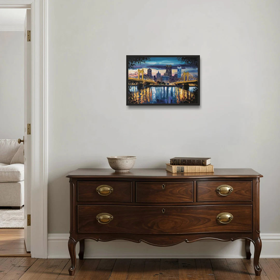 Pittsburgh Downtown Lights at Night - Black Framed Canvas Wall Art - Coffee Table - 24x16