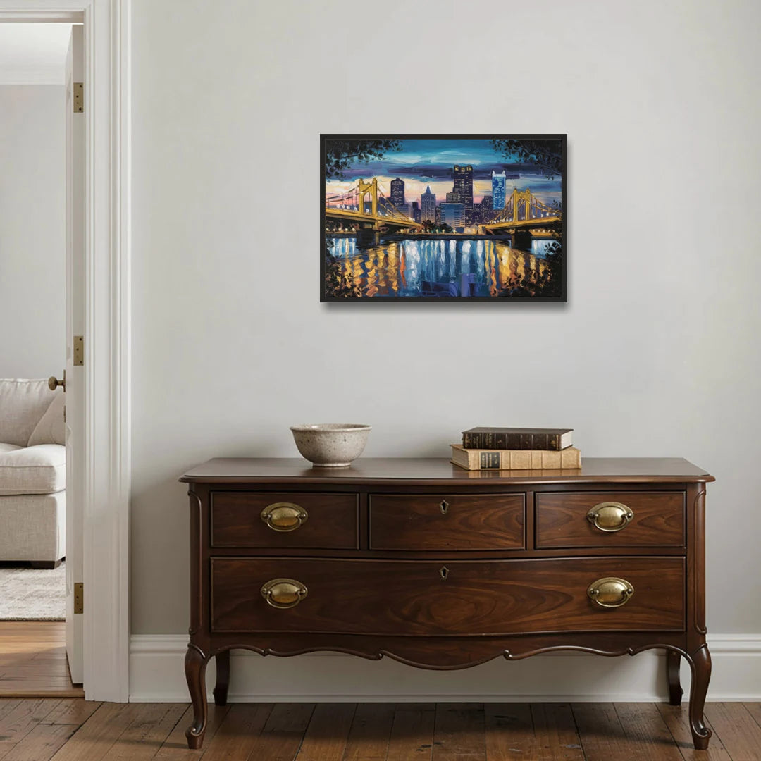 Pittsburgh Downtown Lights at Night - Black Framed Canvas Wall Art - Coffee Table - 30x20