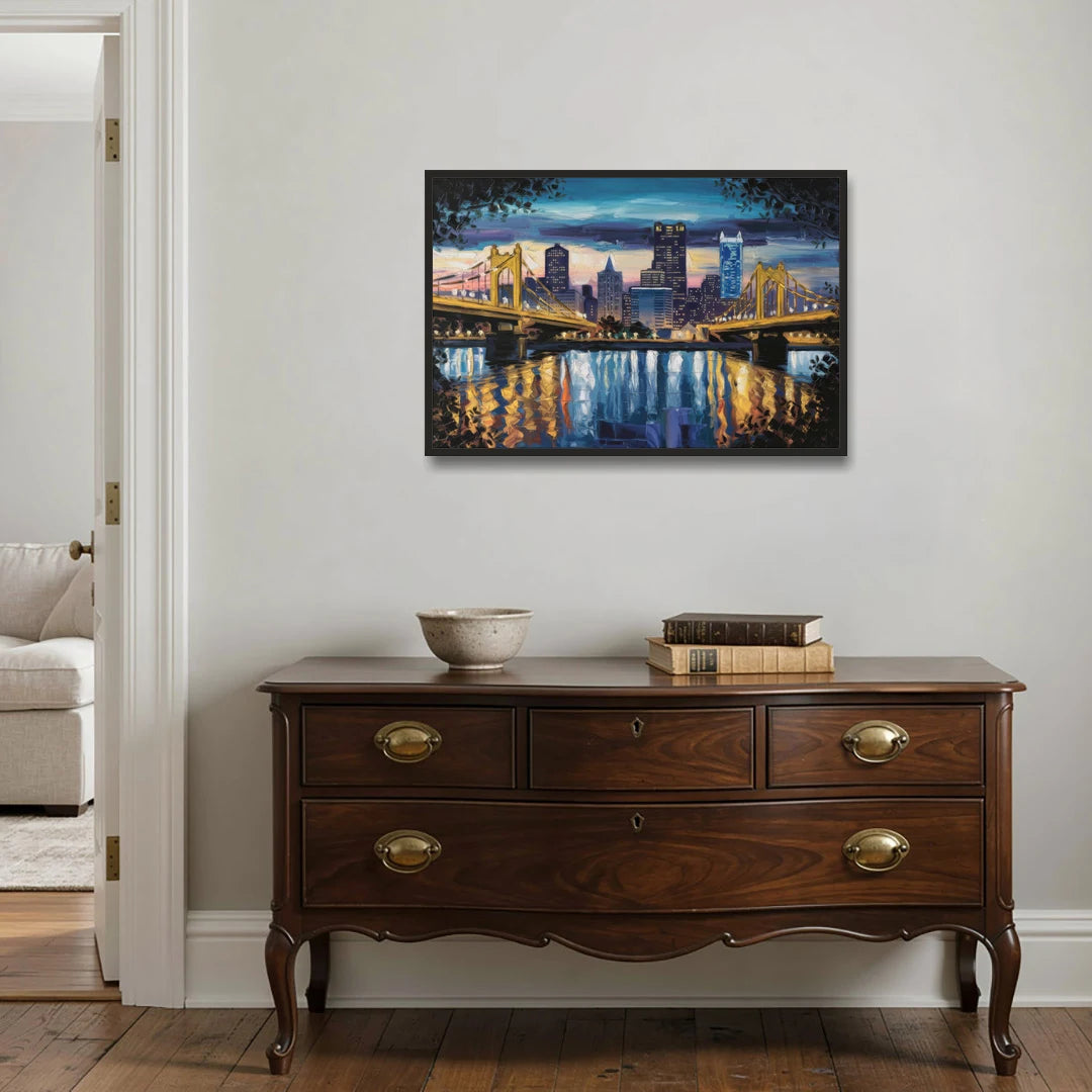 Pittsburgh Downtown Lights at Night - Black Framed Canvas Wall Art - Coffee Table - 36x24