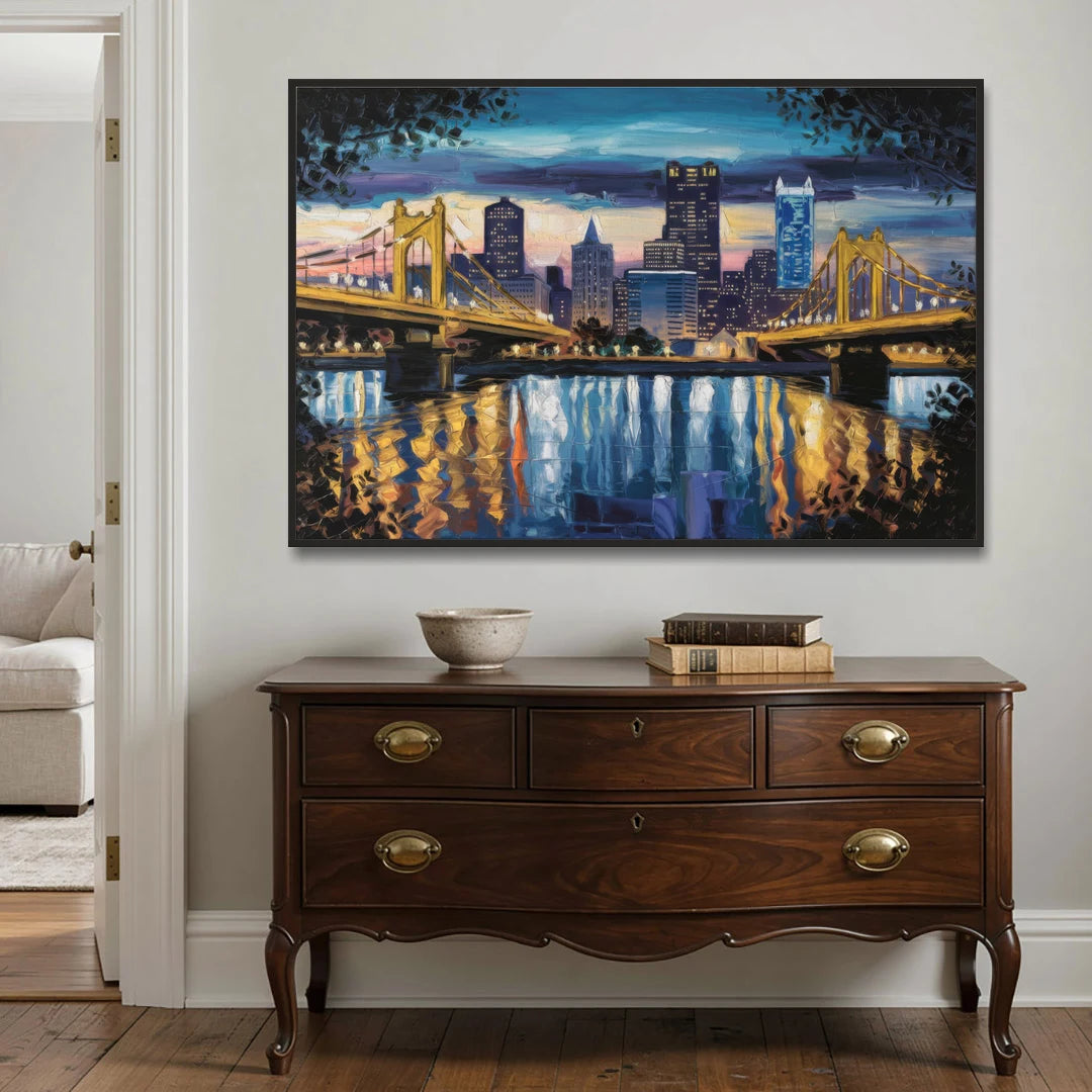 Pittsburgh Downtown Lights at Night - Black Framed Canvas Wall Art - Coffee Table - 60x40