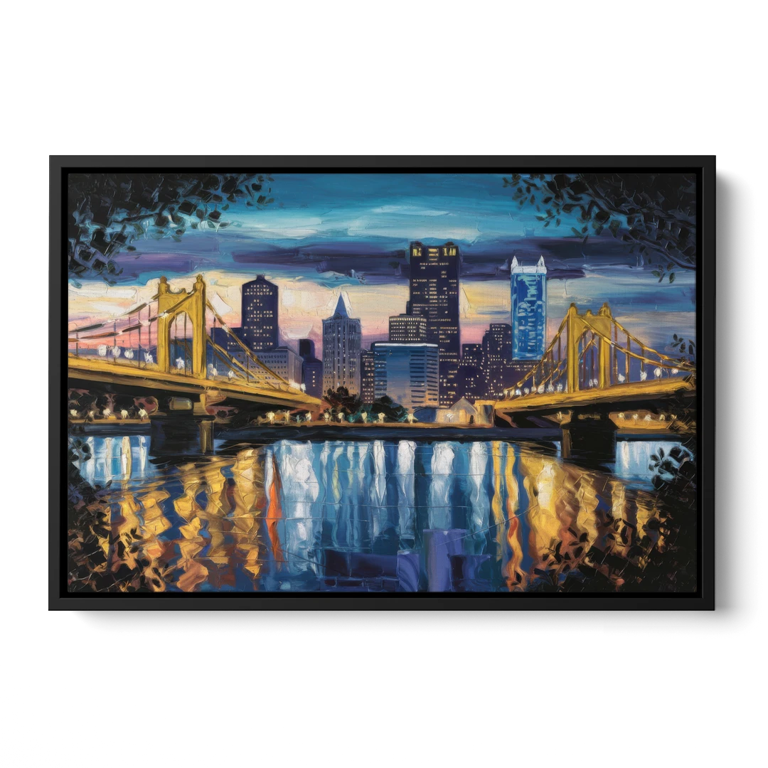 Pittsburgh Downtown Lights at Night - Black Framed Canvas Wall Art - Front