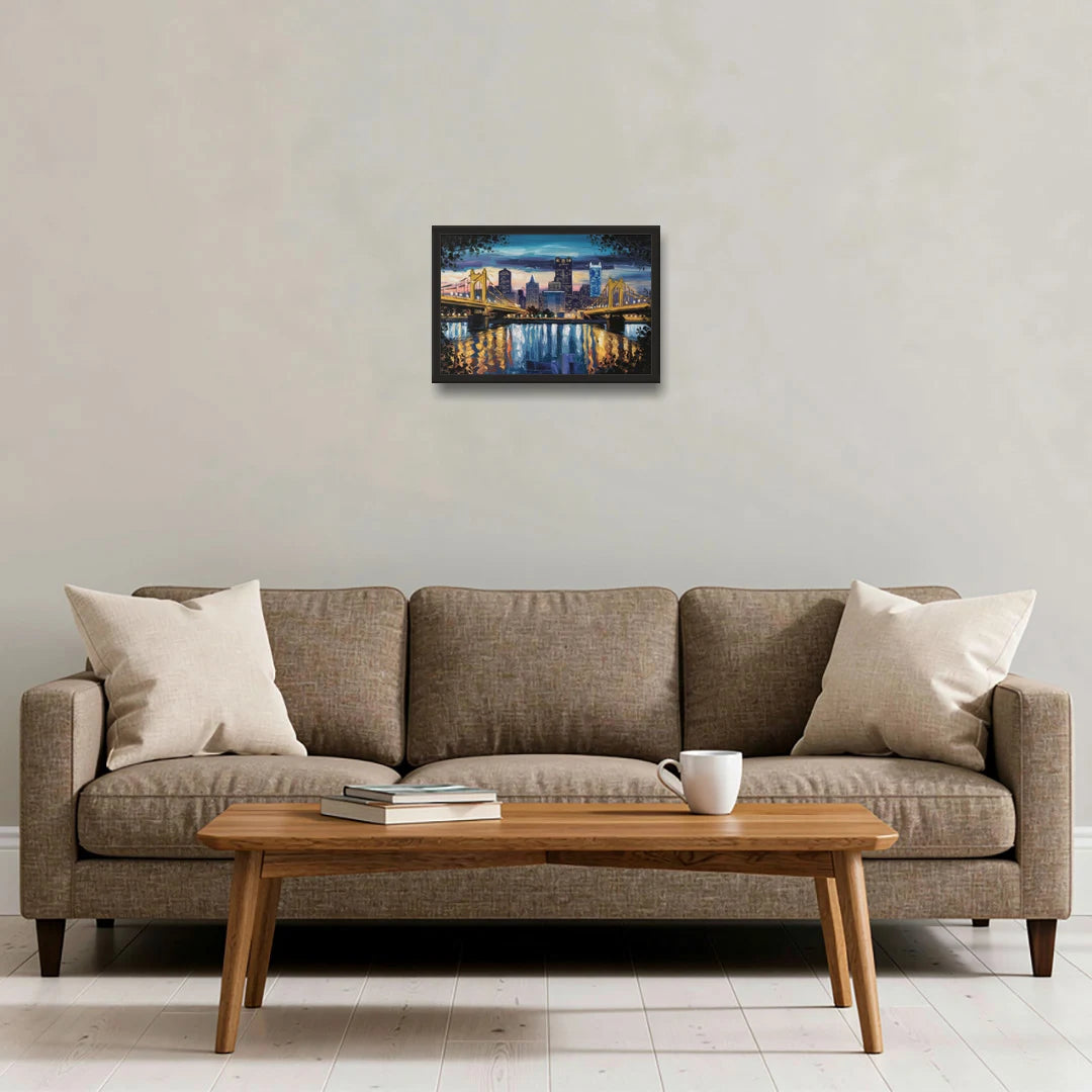 Pittsburgh Downtown Lights at Night - Black Framed Canvas Wall Art - Sofa - 18x12