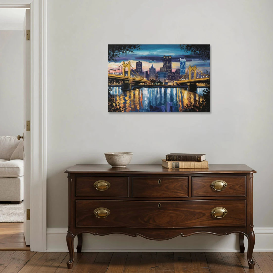 Pittsburgh Downtown Lights at Night - Canvas Wall Art - Coffee Table - 36x24