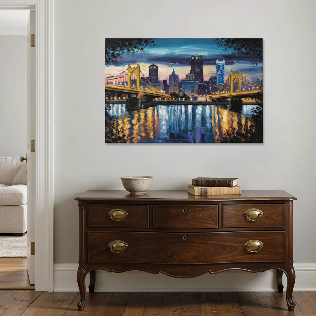 Pittsburgh Downtown Lights at Night - Canvas Wall Art - Coffee Table - 48x32
