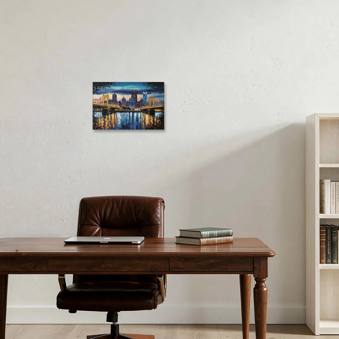 Pittsburgh Downtown Lights at Night - Canvas Wall Art - Office - 18x12