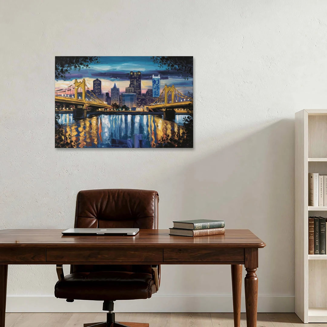 Pittsburgh Downtown Lights at Night - Canvas Wall Art - Office - 36x24
