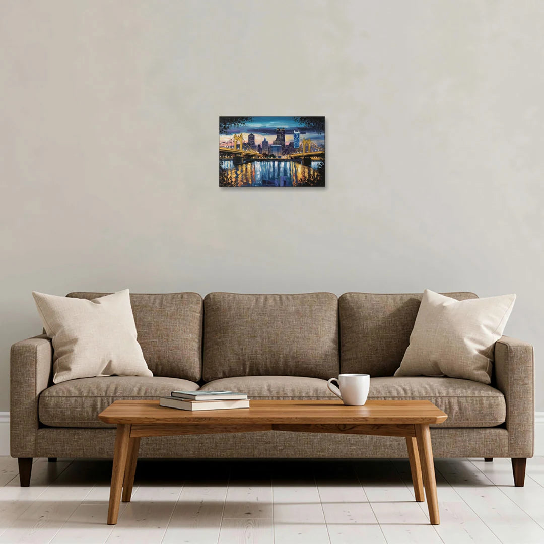 Pittsburgh Downtown Lights at Night - Canvas Wall Art - Sofa - 18x12