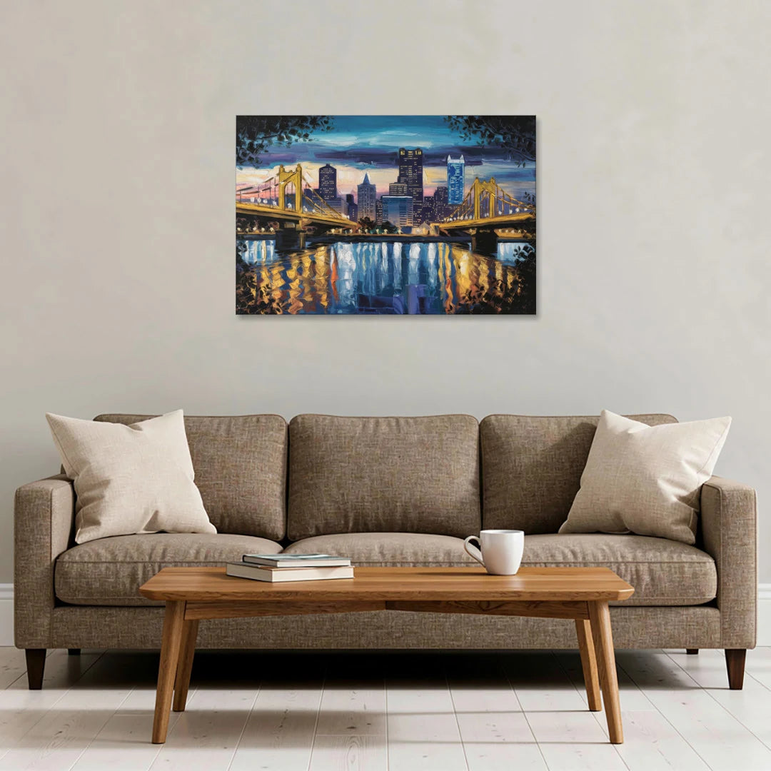 Pittsburgh Downtown Lights at Night - Canvas Wall Art - Sofa - 36x24