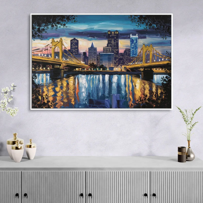 Pittsburgh Downtown Lights at Night Living Room - White Canvas Wall Art