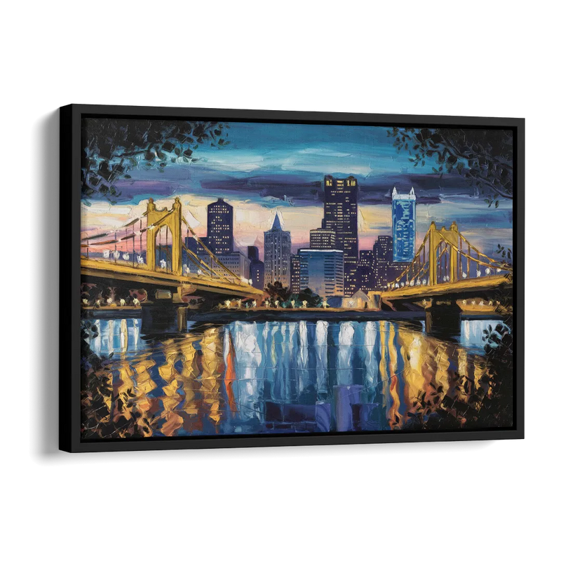 Pittsburgh Downtown Lights at Night Side - Black Canvas Wall Art