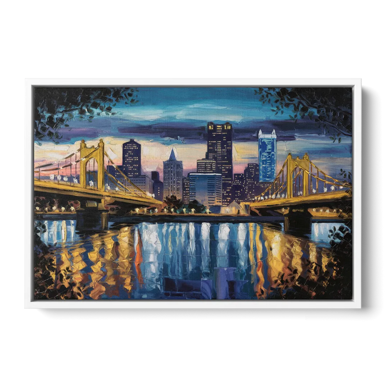 Pittsburgh Downtown Lights at Night Front - White Canvas Wall Art