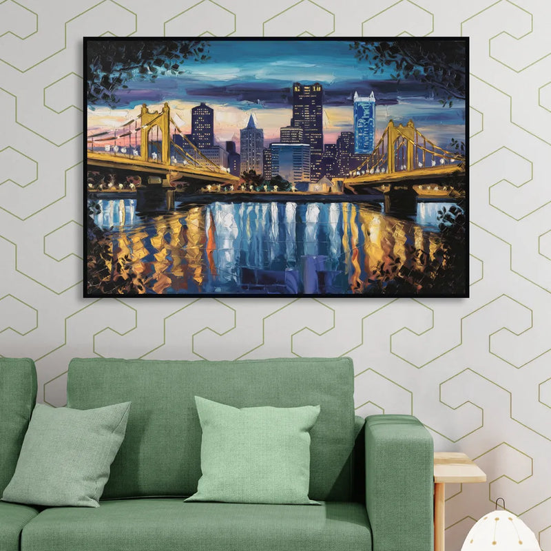 Pittsburgh Downtown Lights at Night Sitting Room - Black Canvas Wall Art