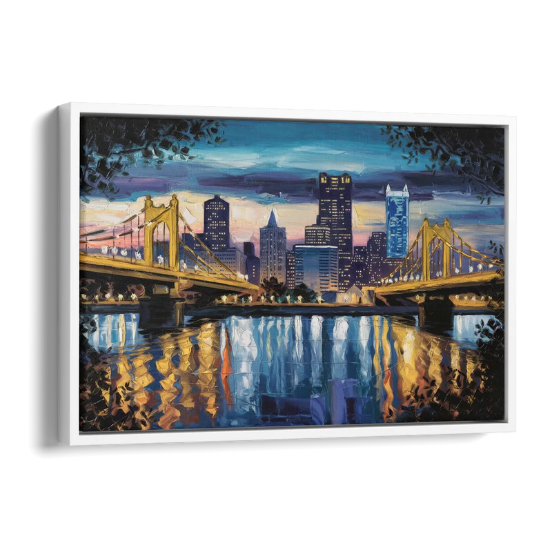 Pittsburgh Downtown Lights at Night Side - White Canvas Wall Art
