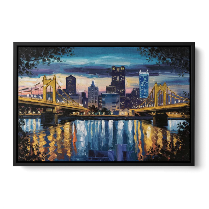 Pittsburgh Downtown Lights at Night Front - Black Canvas Wall Art