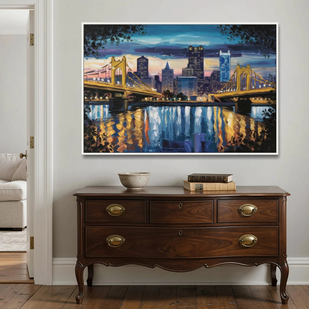 Pittsburgh Downtown Lights at Night - White Framed Canvas Wall Art - Coffee Table - 60x40