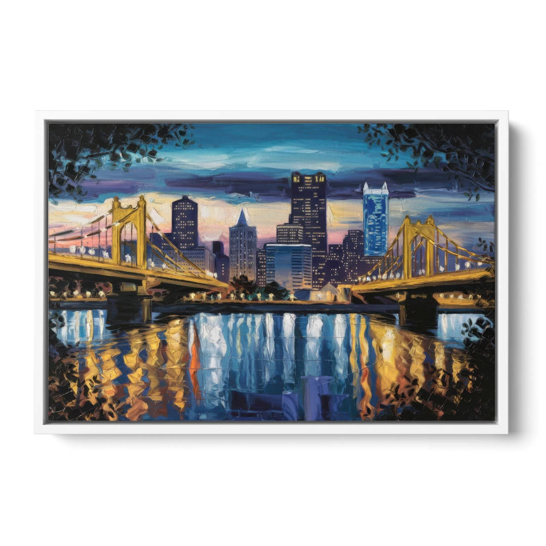 Pittsburgh Downtown Lights at Night - White Framed Canvas Wall Art - Front