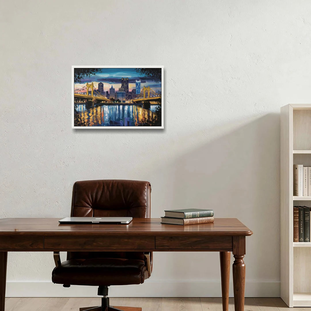 Pittsburgh Downtown Lights at Night - White Framed Canvas Wall Art - Office - 24x16