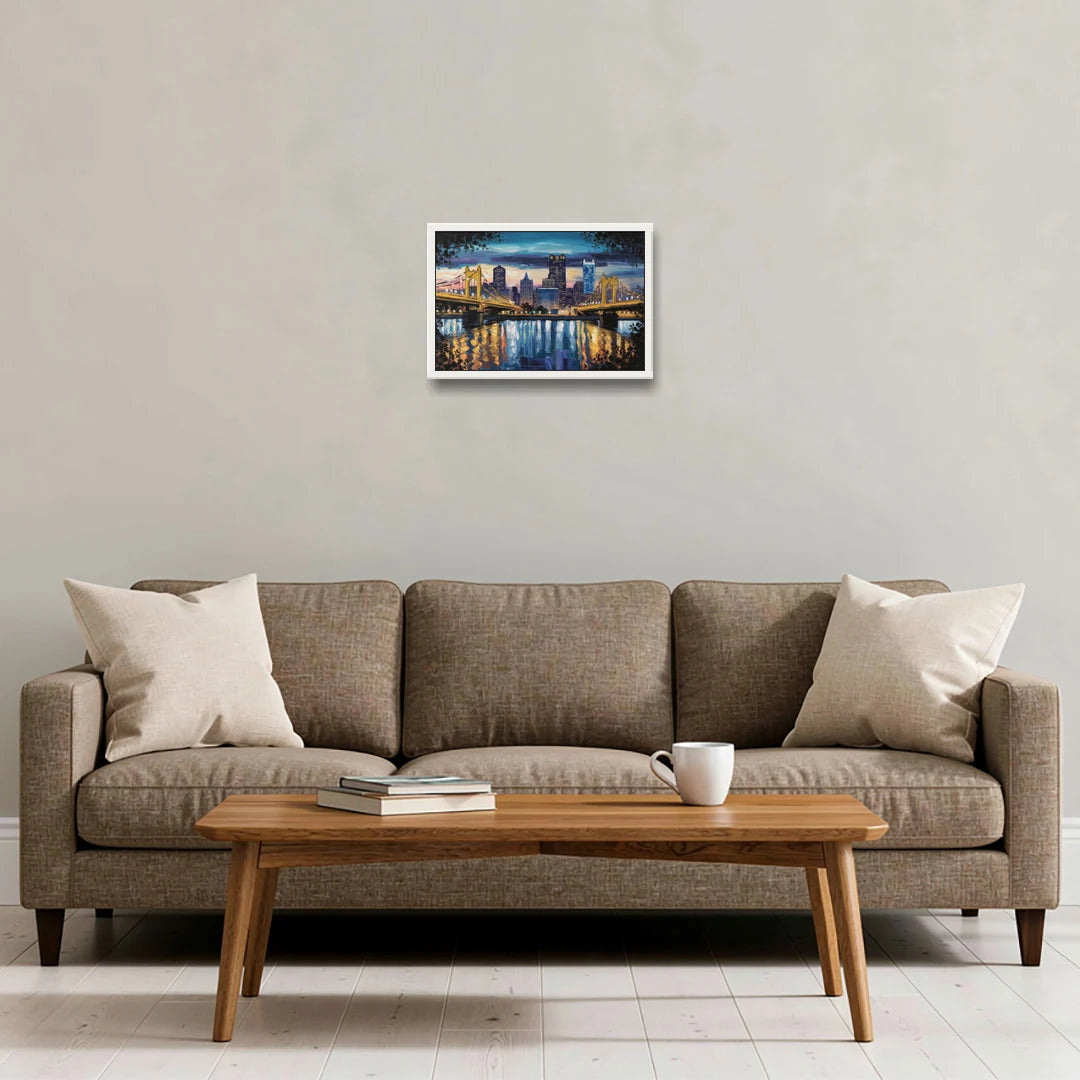 Pittsburgh Downtown Lights at Night - White Framed Canvas Wall Art - Sofa - 18x12