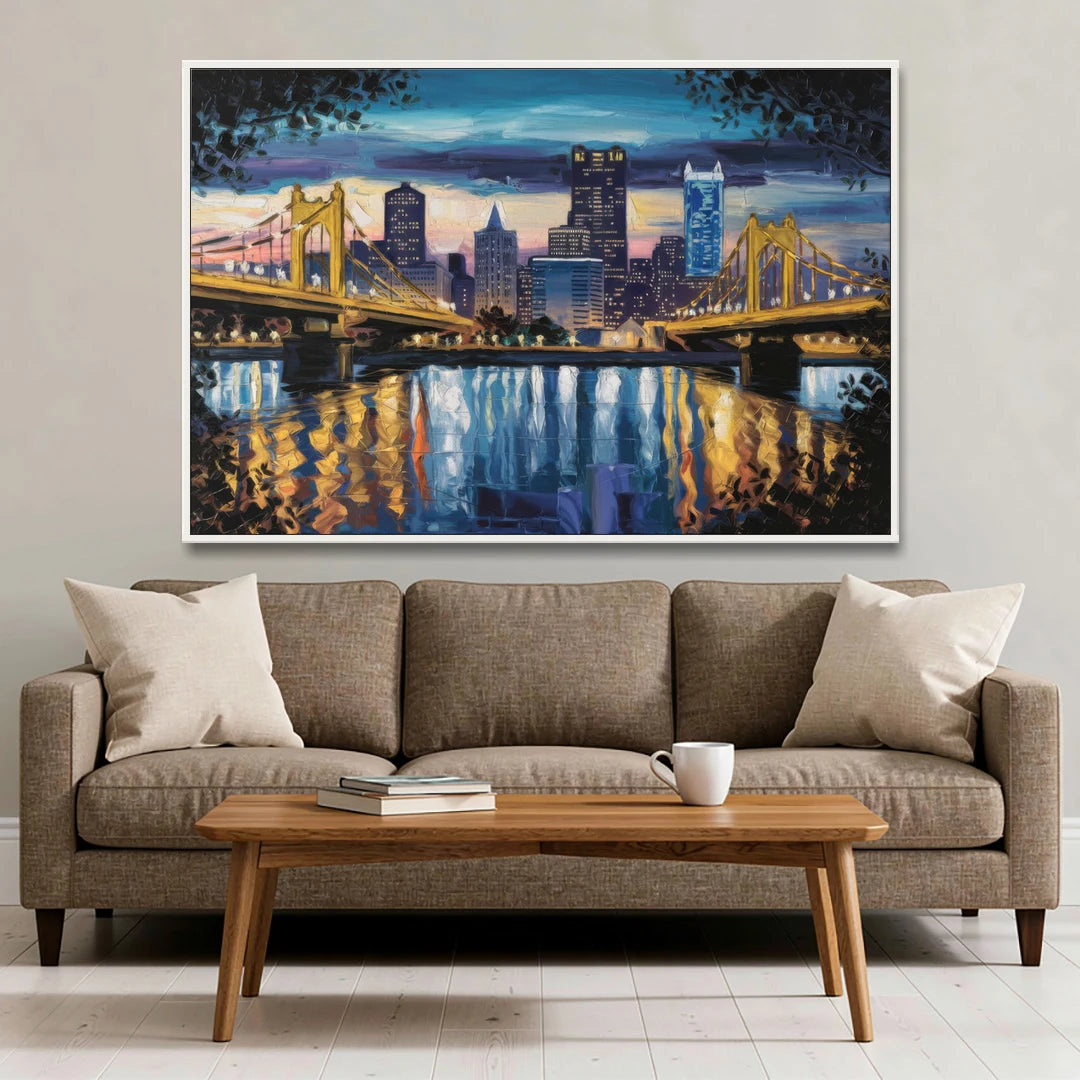 Pittsburgh Downtown Lights at Night - White Framed Canvas Wall Art - Sofa - 60x40