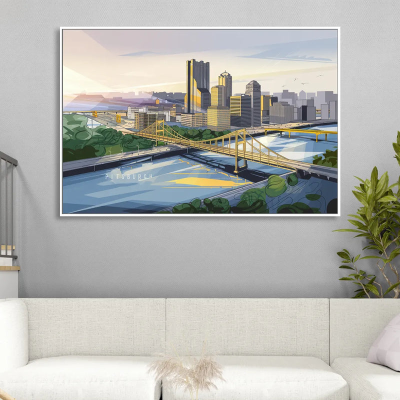 Pittsburgh Golden Triangle View Sitting Room - White Canvas Wall Art