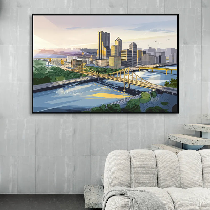 Pittsburgh Golden Triangle View Sitting Room - Black Canvas Wall Art