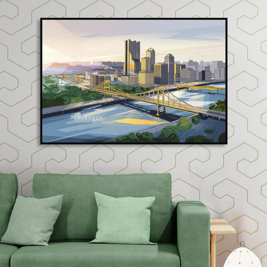 Pittsburgh Golden Triangle View Living Room - Black Canvas Wall Art