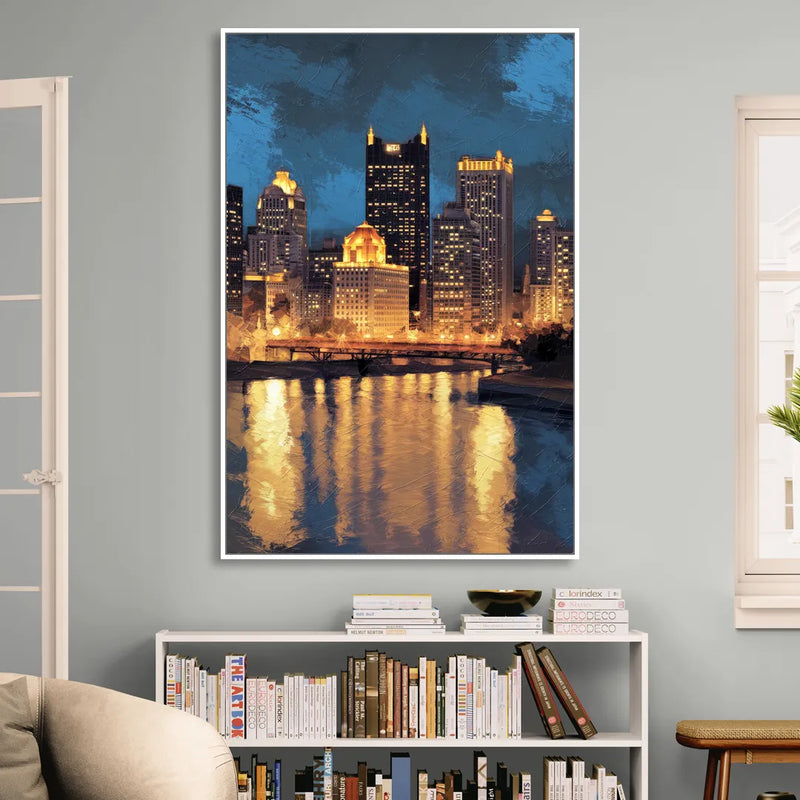 Pittsburgh Nighttime Glow Living Room - White Canvas Wall Art