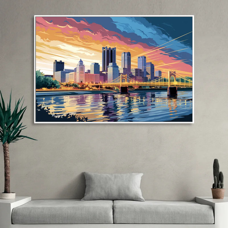 Pittsburgh Skyline At Sunset Sitting Room - White Canvas Wall Art